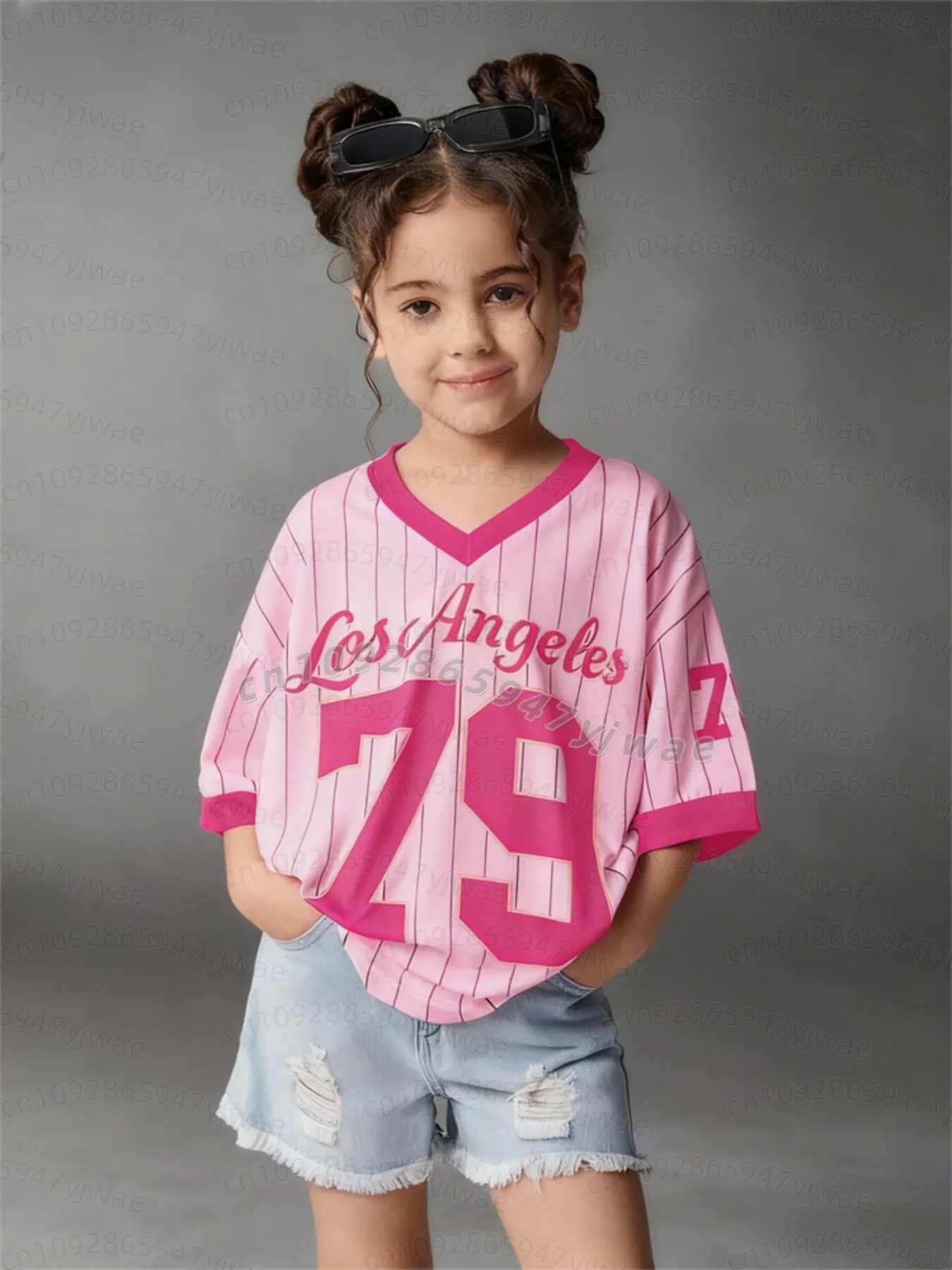 26 Mädchen Freizeit-Sportstil Los Angeles Nr. 79 Muster Farbblock-Print Kurzarm V-Ausschnitt Damen Kinder Erwachsene T-Shirt – Detail 12
