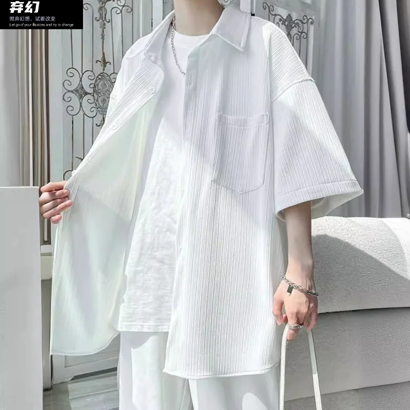 

White shirt men's high -level sense of summer thin short -sleeved shirt cold style seven -point sleeve