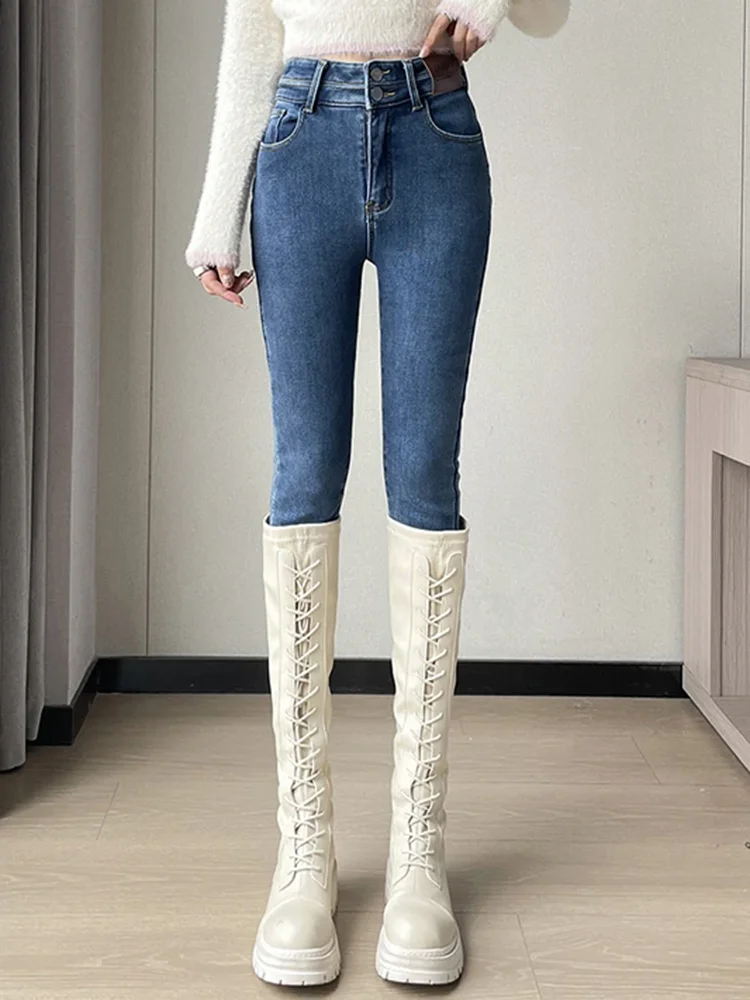 Damskie jeansy ołówkowe z wysokim stanem, podszyte aksamitem, codzienne spodnie dżinsowe z wysokim stanem, grube, modne koreańskie spodnie skinny, elastyczne, vintage vaqueros