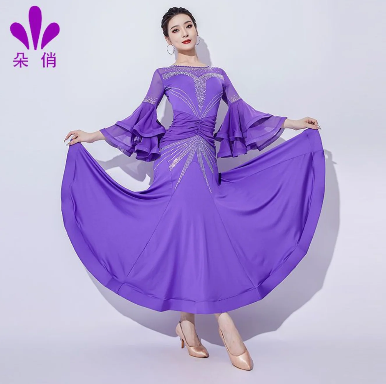 

1 шт./лот, роскошное женское платье для бальных танцев, длинное платье с рукавами-трубами и стразами, платье для вальса.