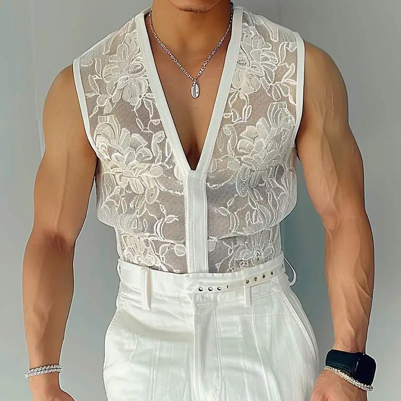 2024 Men Tank Tops Lace Transparent V Neck Sleeveless Unisex Vests Summer Streetwear Fashion Party Men Clothing S-5XL INCERUN