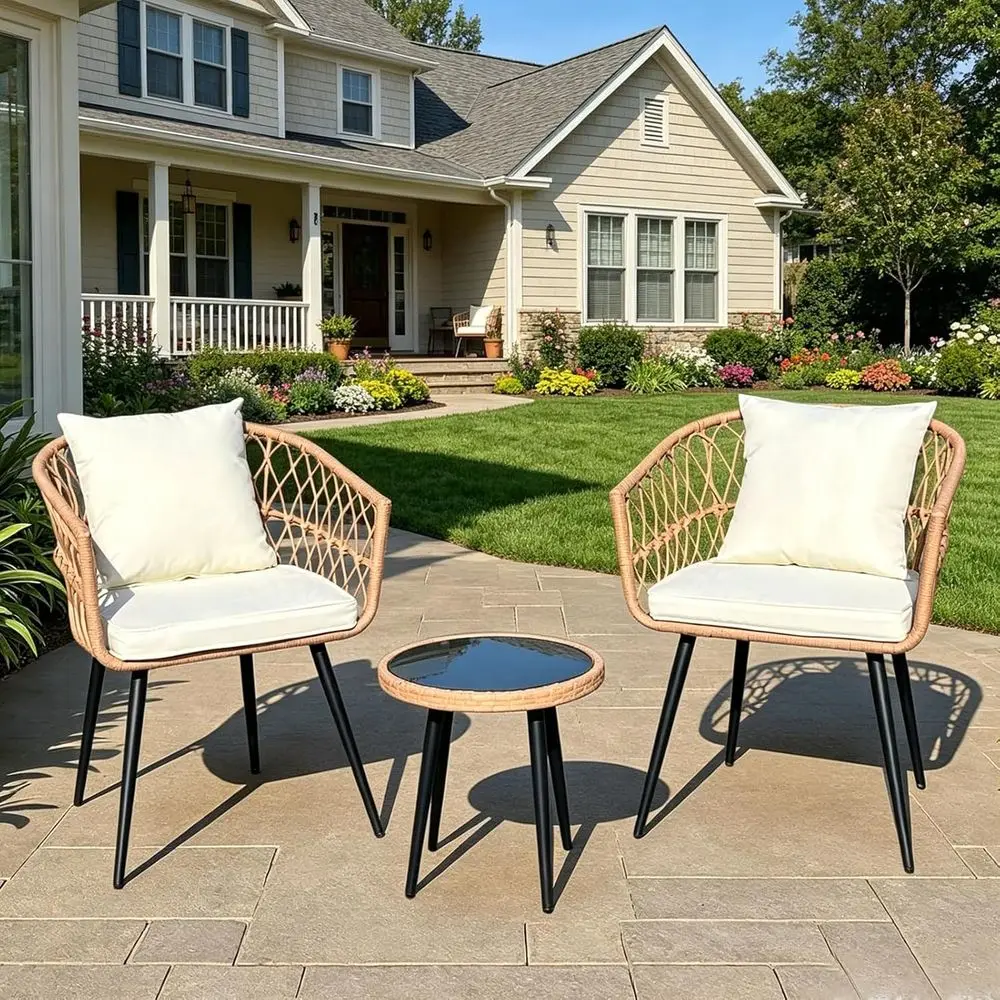 

All-Weather Wicker 3-Piece Bistro Set with Cushions and Glass Table for Outdoor Spaces