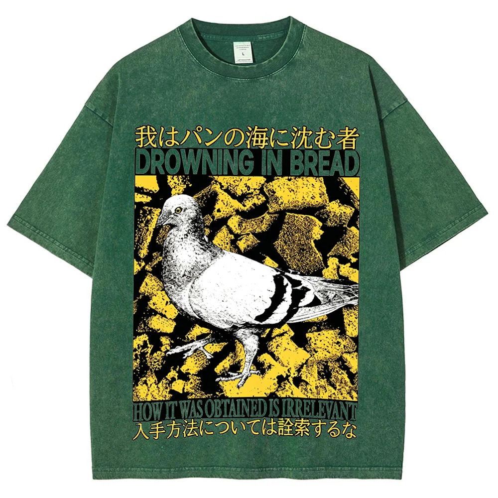 Men  Drowning In Bread Pigeon Graphic T Shirt Japanese Letter Printed Short Sleeve Casual  Loose Cotton Tops