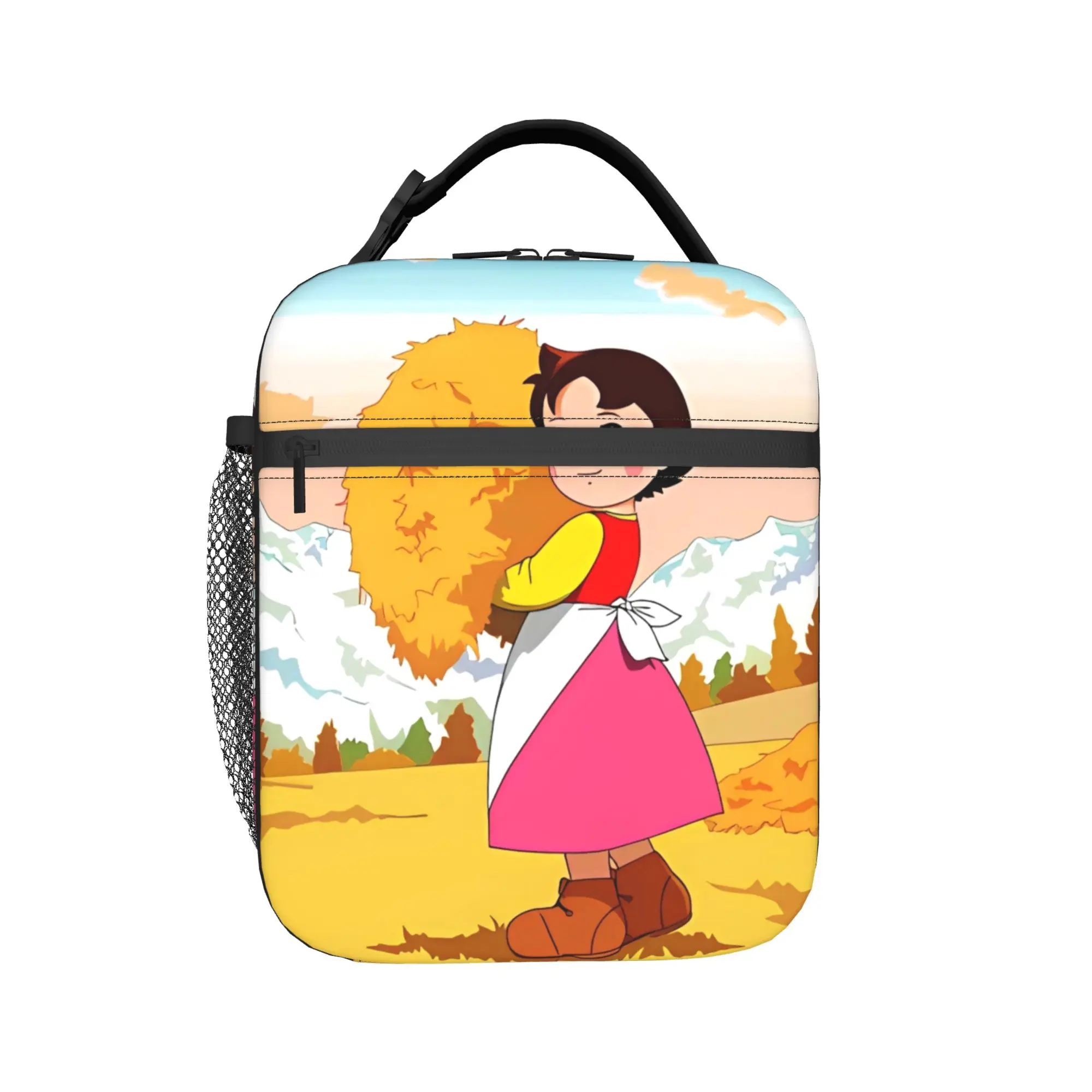 Custom Alps Mountain Girl Happy Heidi Lunch Bag School Portable Zipper Tote Food Bags For Women  Waterproof Print Cooler Bag