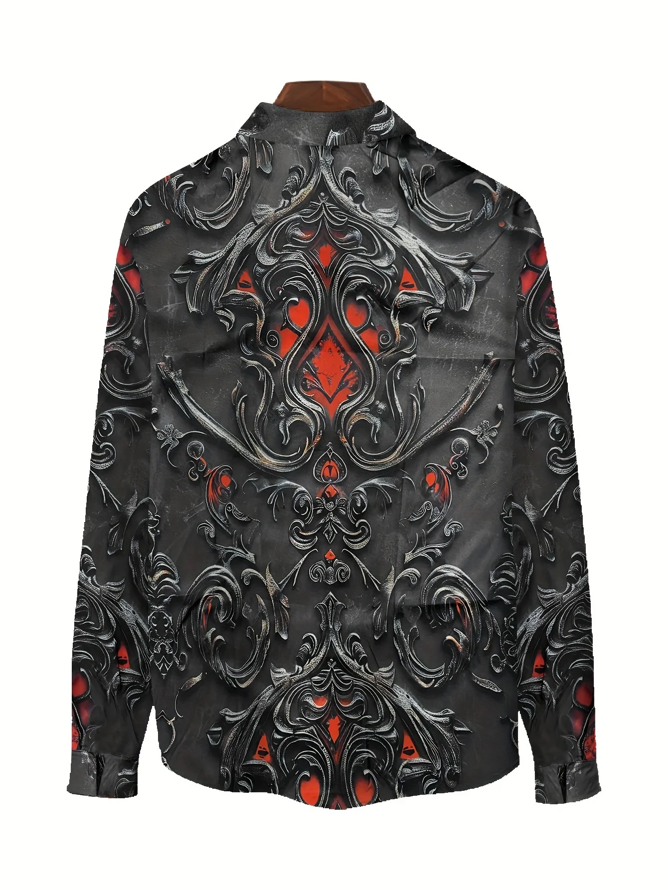 Men Gothic Baroque Ornament Scroll Print Long Sleeve Shirt Lapel Collar Button‑Up Polyester Party Blouse