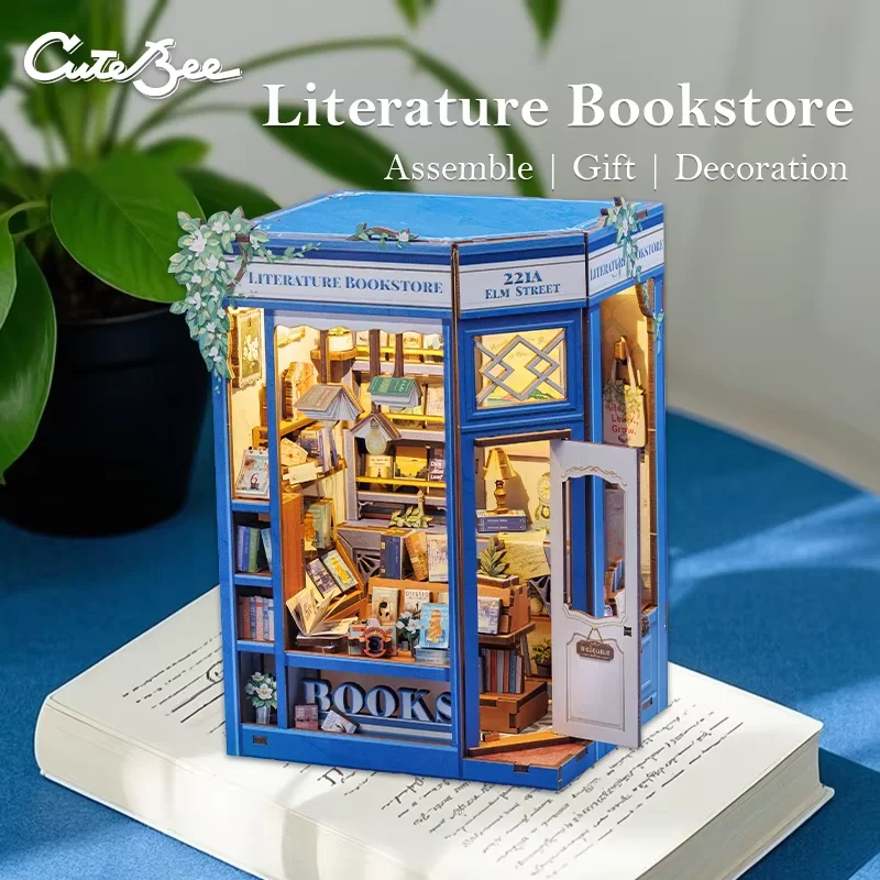 

CUTEBEE Wooden Book Nook Dollhouse Kit Miniature Doll House Kits Booknook Bookshelf with Led Light for Literature Bookstore