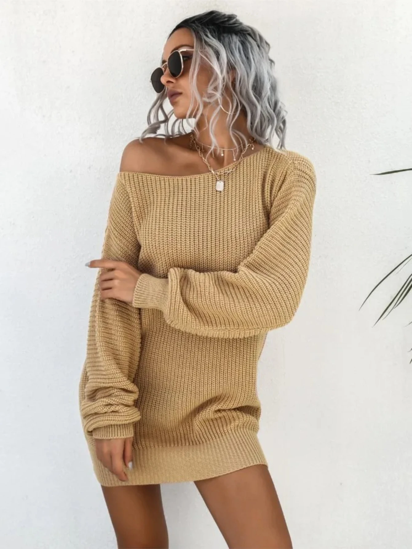 

Women's Spring Autumn New Dress Casual Sexy Slant Neck Off Shoulder Fashion Lantern Sleeve Knitted Dress