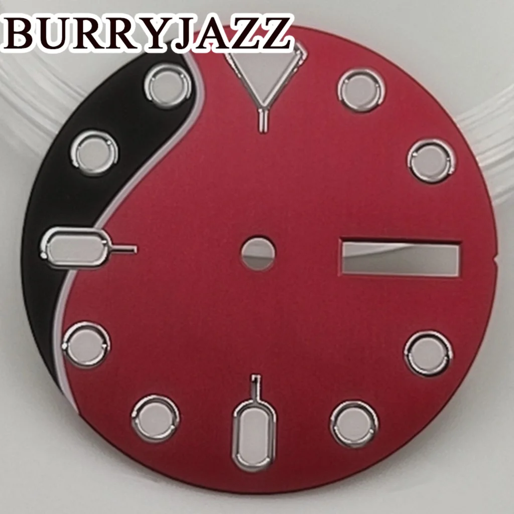 BURRYJAZZ 28.5 ملم بدون شعار NH36 قرص الساعة أسود أحمر مينا أخضر مضيء مناسب 3 الساعة 3.8 ساعة تاج