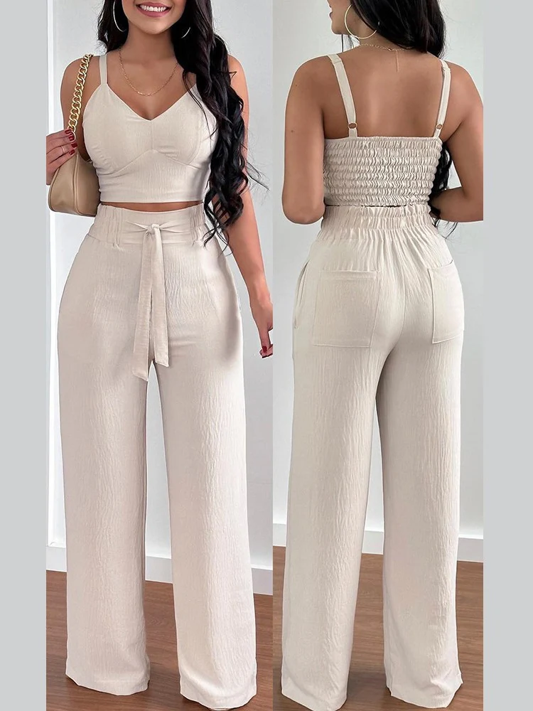 Women Fashion Print Halter V-Neck Short Tank Suit Tops Long Pants Matching Set Summer Casual Female Slim Pants Two Piece Sets