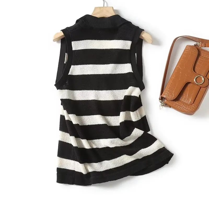 

Jenny&Dave French Sleeveless Loose Top Women Fashion Ladies Black And White Striped Polo T-shirt