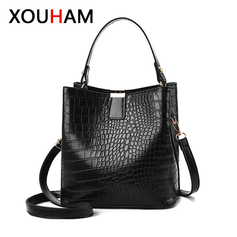 XOUHAM Retro Alligator Bucket Bags Women Crocodile Pattern Handbag Capacity Casual Crocodile Shoulder Messenger Bag Ladies Purse