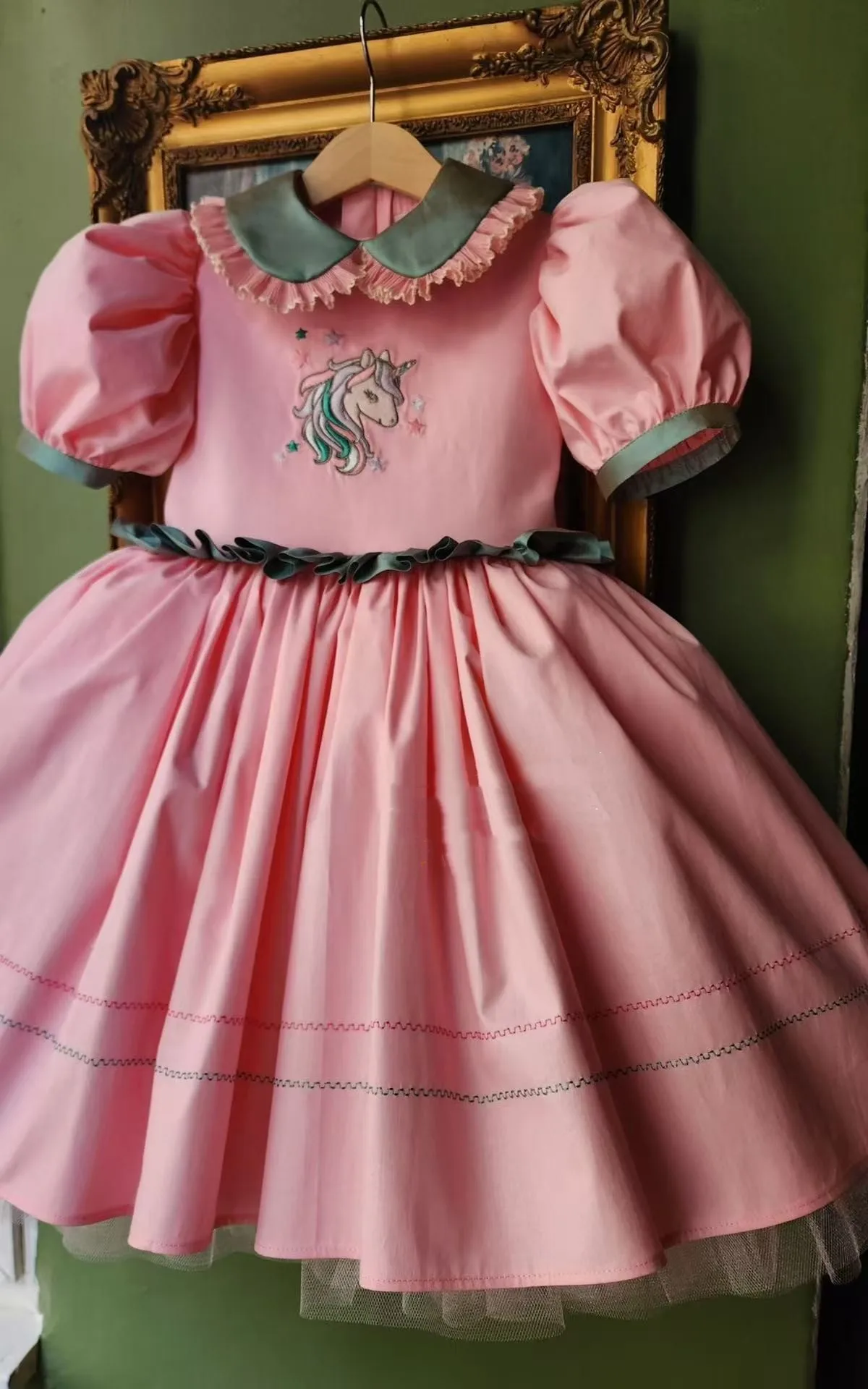 

0-12Y Baby Girl Summer Pink Unicorn Embroidery Vintage Princess Ball Gown Dress for Party Eid Birthday Causal Photograph B279