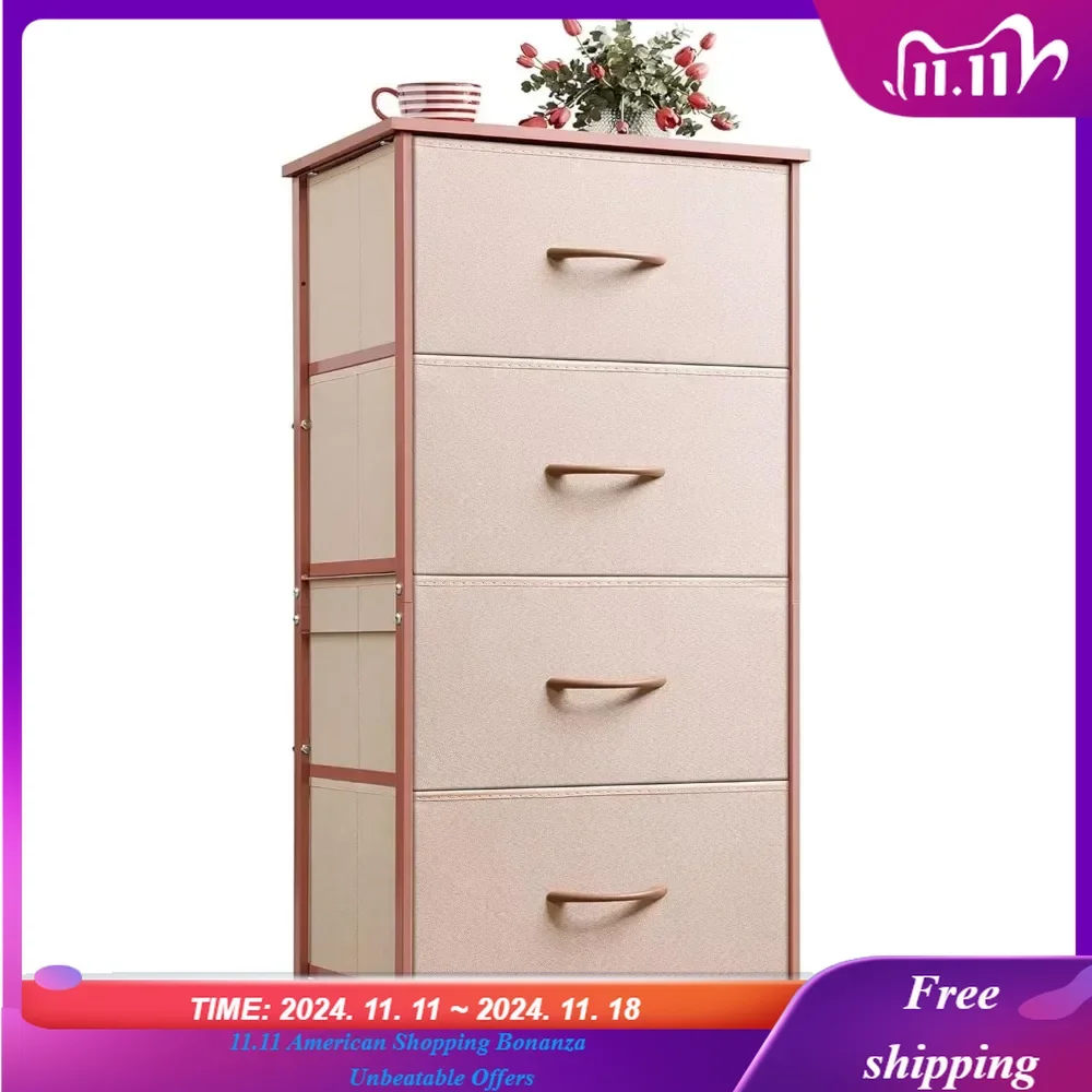 4 Drawers Dresser for Bedroom, Pink Rose Gold Fabric Clothes Storage Organizer Unit, Dresser for Hallway, Entryway，Closets