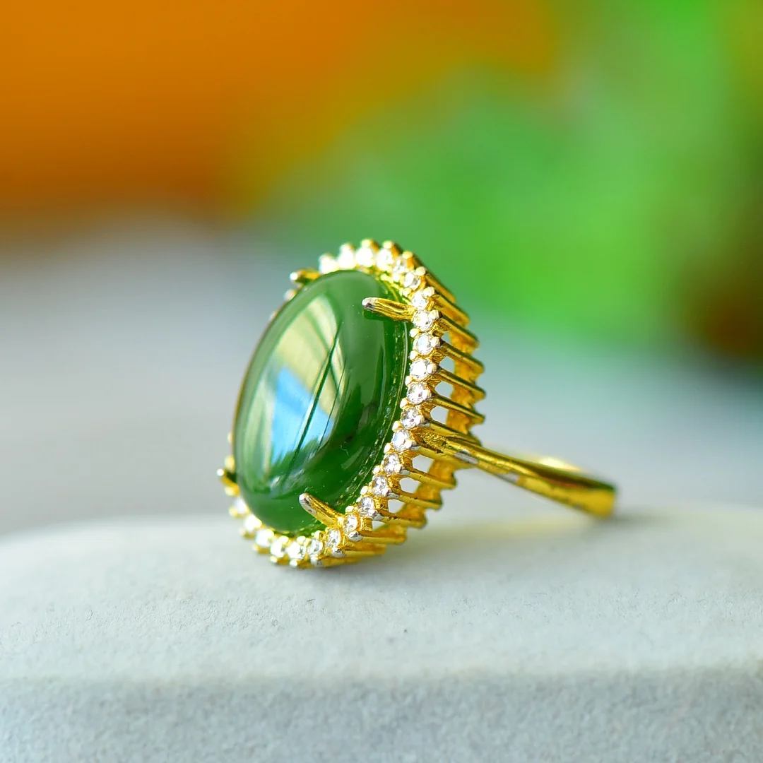 Anillo de Jade de Hetian redondo de piedras preciosas verdes para mujer, anillos de citas, joyería de oro para mujer, accesorios, ajuste de clavija ajustable