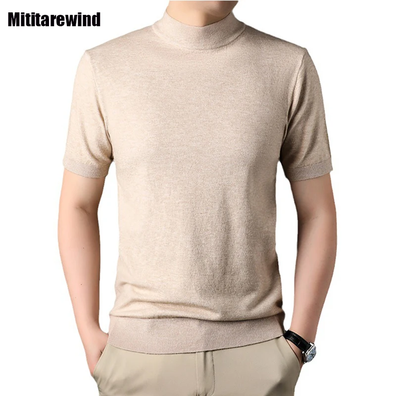 6% Wool Sweater Men Autumn Winter Daily Casual Bottoming Short Sleeve Sweaters Jumpers Mock Neck Beige Knitwear Youth Fashion