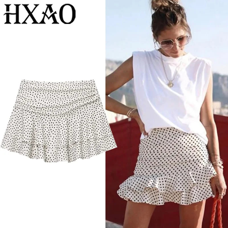 

HXAO Polka Dot Skort For Women Ruffle Black Skirt Shorts Summer Pleats Mini Skirt Pants Woman Mid Waist Layered Green Skirt