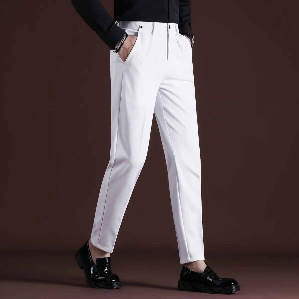 กางเกงกันรอยพับฤดูใบไม้ร่วง-ฤดูหนาว |   Tailored Slim Leg เอวยืดได้ กางเกงทรงสลิมผู้ชาย 9 จุด ใหม่สําหรับฤดูใบไม้ร่วงและฤดูหนาว