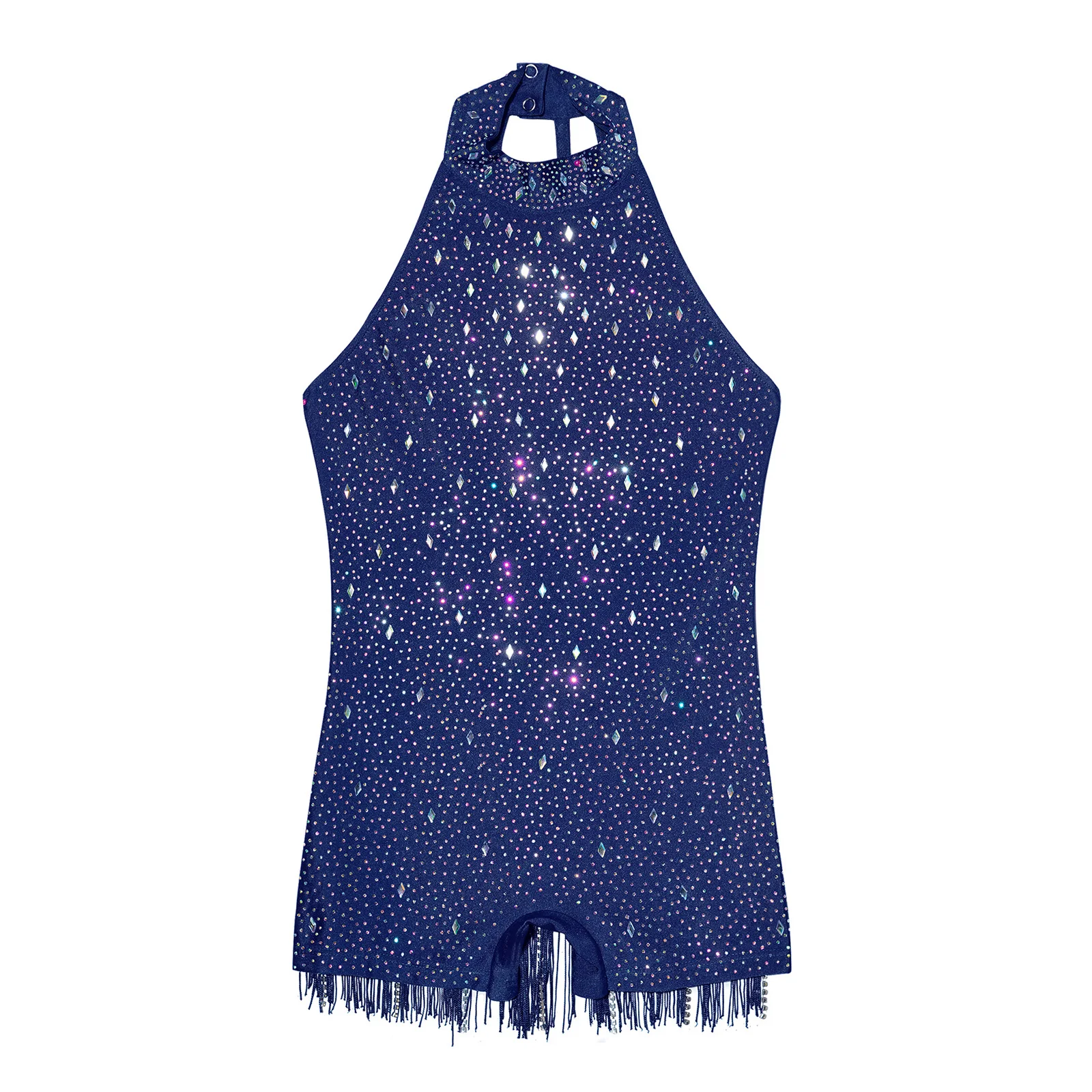 Kinderen Meisjes Latin Jazz Dans Turnpakje Omzoomd Jumpsuit Prestaties Kostuum met Fringe en Strass Kunstschaatsen Danskleding