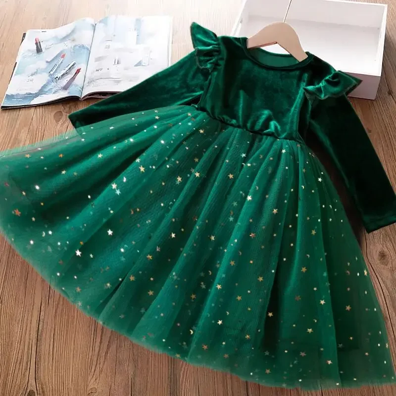 2024 Red Christmas Dress for Baby Girls Winter Long Sleeve Mesh Dresses for 3-8Yrs Kid Star Sequin Birthday Party Princess Dress