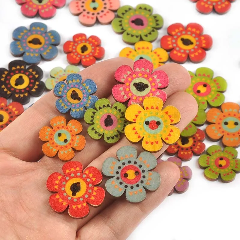 50Pcs 20/25mm Mixed Flower Printed Flatback Wooden Button For Sewing Accessories Scrapbook Craft DIY Clothes Decor Home Supplies