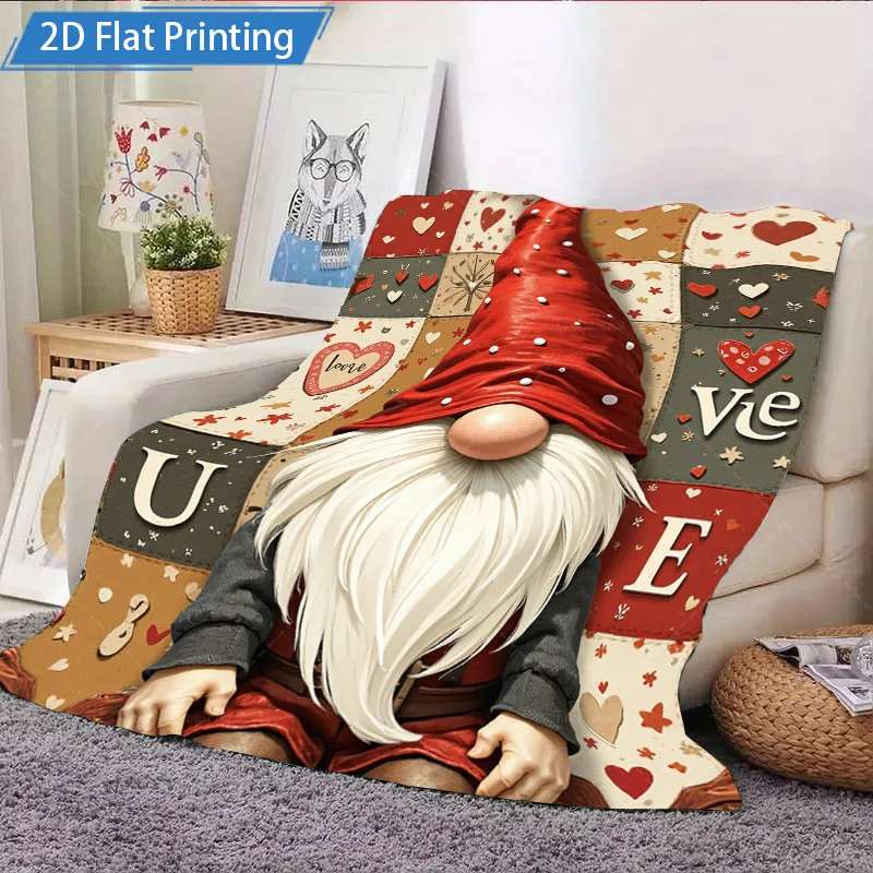 Couverture polaire en flanelle, 1 pièce, mignon, Gnome de jardin, amour, cœur, Patchwork, confortable, décor de saint-valentin, couverture douce