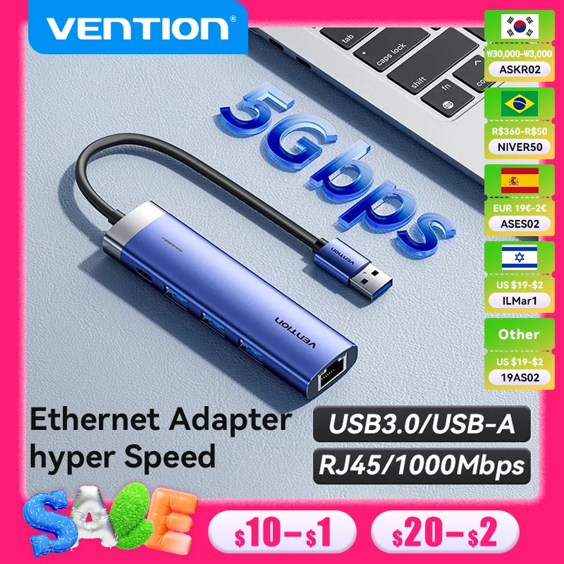 Vention USB Ethernet adaptateur 1000Mbps USB3.0 HUB RJ45 Lan pour Macbook Windows ordinateur portable Xiaomi Mi TV Box USB-C HUB carte réseau