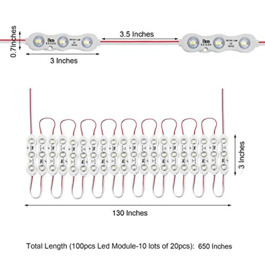 100PCS Waterproof Super Bright Led Strip Lights White, 46Feet DC12V 3 LED Module for Letter Sign Advertising Sign with Tape Adh