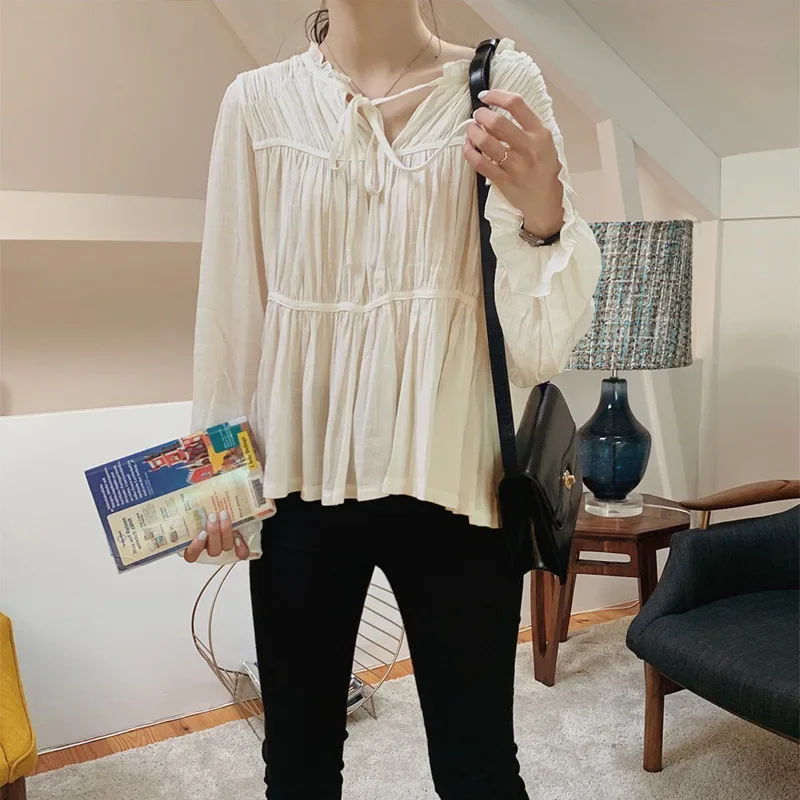 French Chic Women Casual T-shirt Long Bract Sleeve Sexy V-neck Loose Tie Up Solid Black White Elegant Blouse For Female Clothes