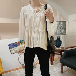 French Chic Women Casual T-shirt Long Bract Sleeve Sexy V-neck Loose Tie Up Solid Black White Elegant Blouse For Female Clothes