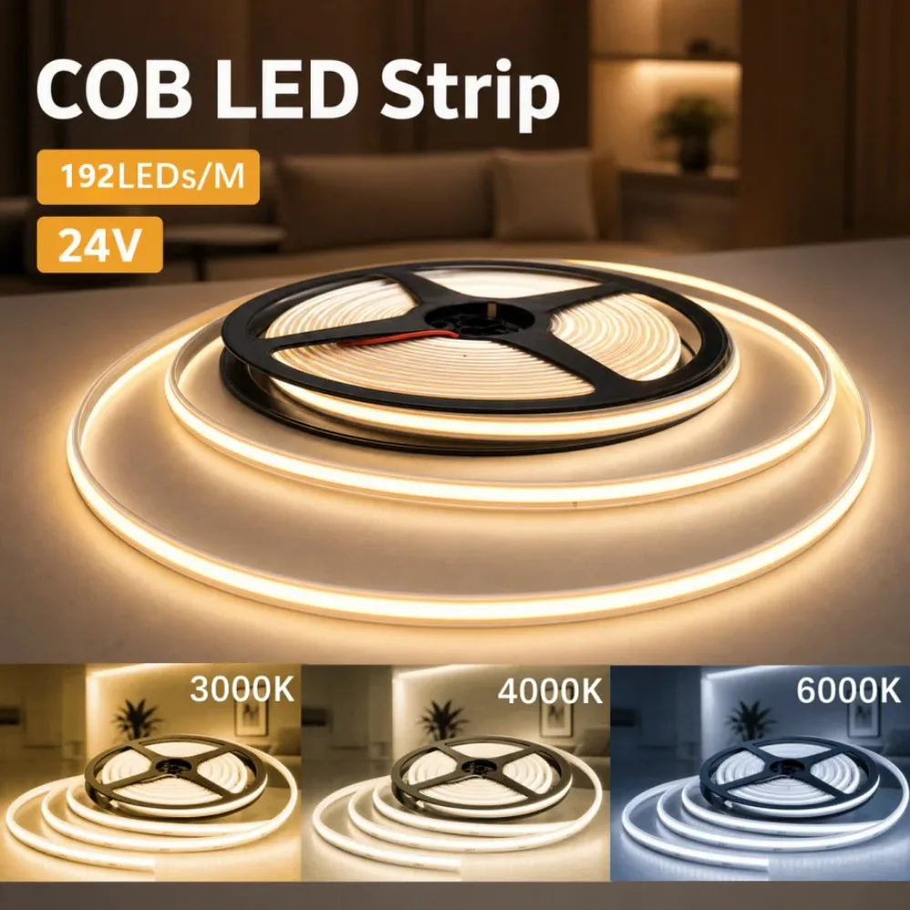 8mm PCB FCOB LED Strip Light 24V Free Cut 192LEDs/M High Density Flexible Tape 2PIN Wire Home Decor Warm Natural White