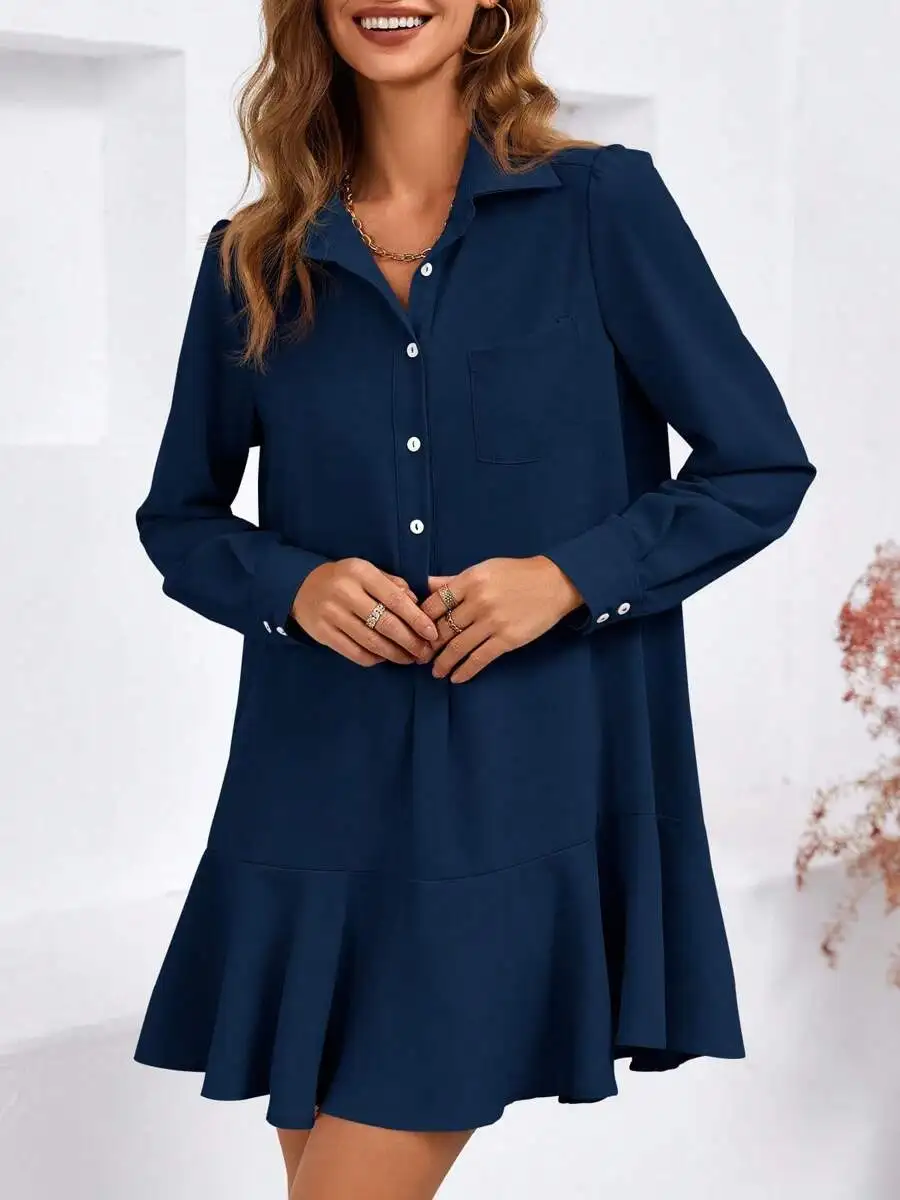 

Womens Casual Button Down Shirt Dress Long Sleeve Collared Pleated Swing Mini