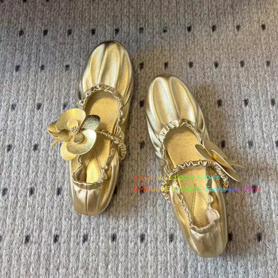 Flower Ballet Flat Shoes for Women Summer New Style Elegant Mary Jane Single Shoes Wrinkled Soft Sole Casual Single Shoe