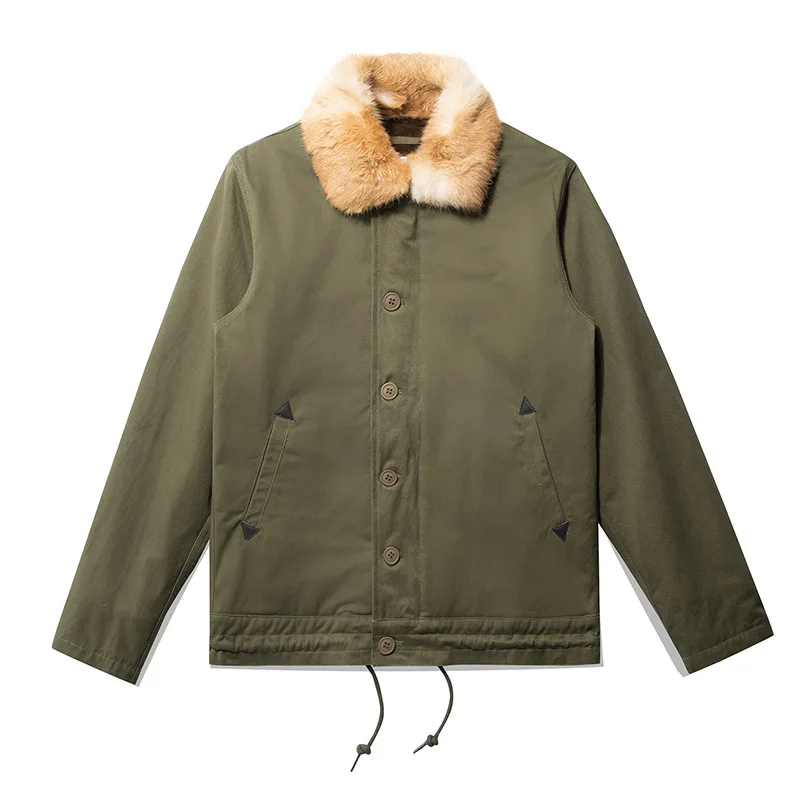 OKONKWO Navy N-1 Jacket, Carrier Deck Suit, DECK JACKET Solid Color Rabbit Fur Collar N1 Cotton Jacket