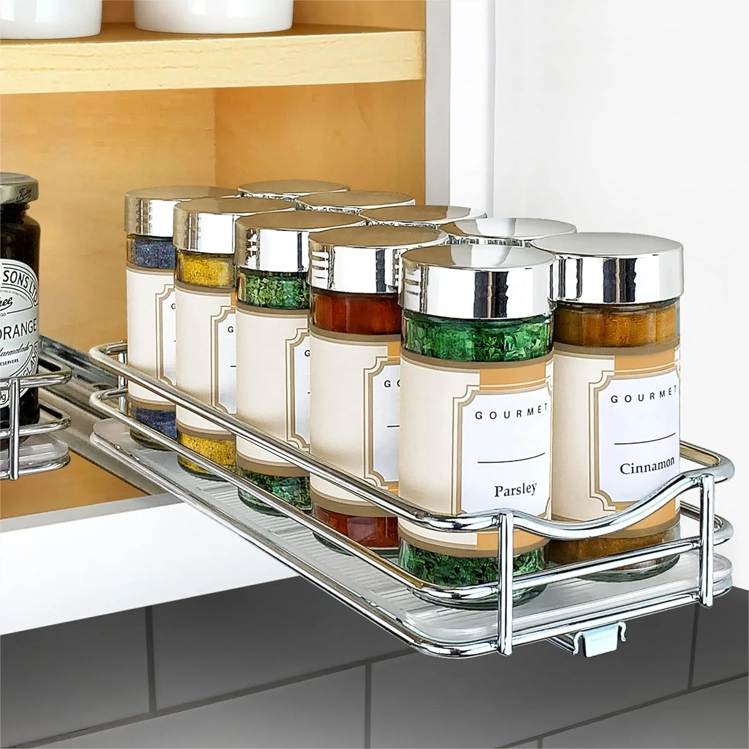 

Slide Out Spice Rack for Cabinets, 1 Tier Chrome Organizer with Smooth Glide, Easy Mount Design