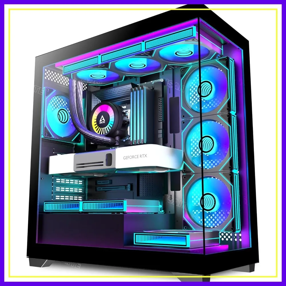 PC CASE 7 PWM ARGB Fans Pre-Installed, Mid-Tower Gaming PC Case, Panoramic Tempered Glass Computer Case with Type-C, 360mm Radiator Support, Black