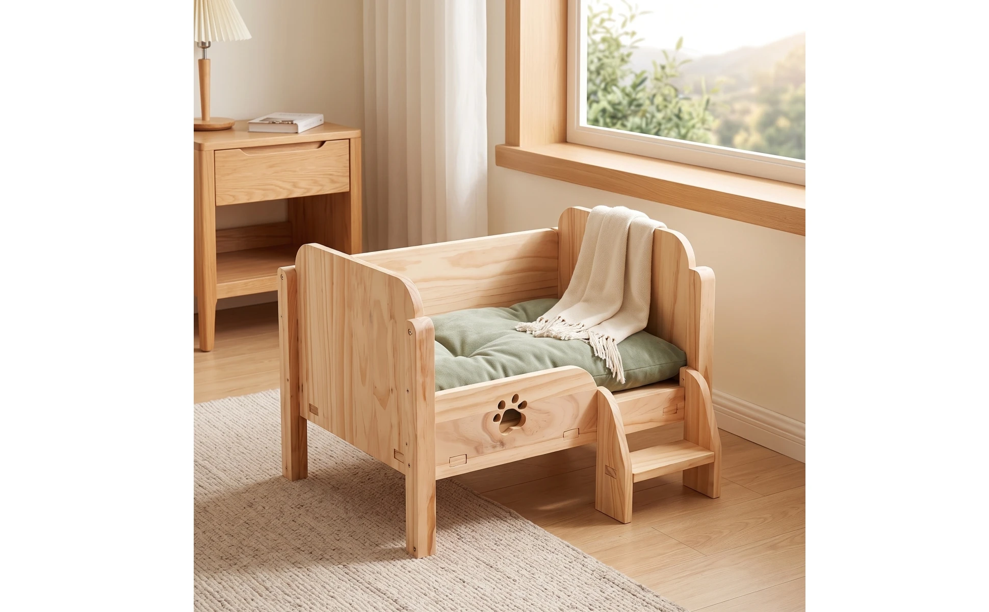 Pet Bed with Step Long-Lasting Wooden Pet Bed Elevated Cat Couch Indoor Furniture Comfortable for Cats, Living Room, Bedroom