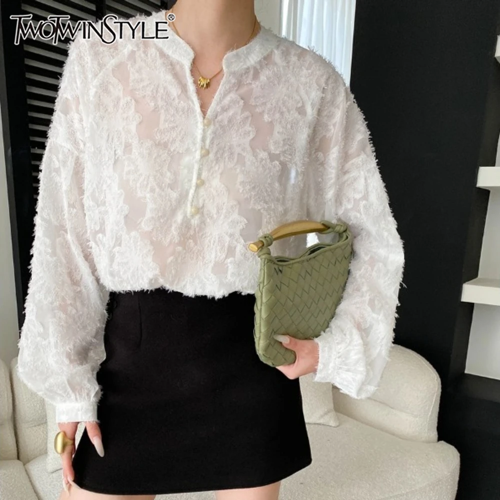 TWOTWINSTYLE Solid Spliced Lace Basics Shirt Female V Neck Long Sleeve Loose French Commute Women's Shirts Autumn Fashion New