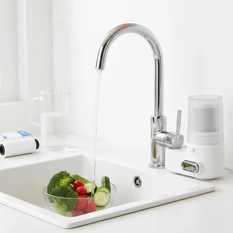 

Sink Tap Purifier 4.2x2.8x5.1 Inches For Kitchen Sink Bathroom Basin Utility Faucet Carbon Fiber Filtration Chlorine Lead Removal 3 Replacement Cartridges White Finish Universal Adaptors High Flow Design
