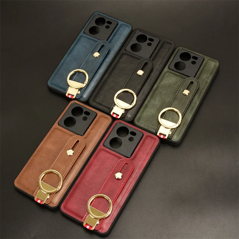 Per Xiaomi 13T Pro Cover Luxury Leather Cover Wristband Hand Strap Kickstand anello in metallo per Xiaomi 13T Phone Case