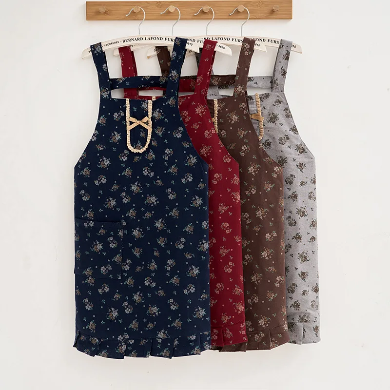 Korean style floral double-layer anti fouling apron for home kitchen cooking fabric  waist hugging shoulder strap princess A1 1