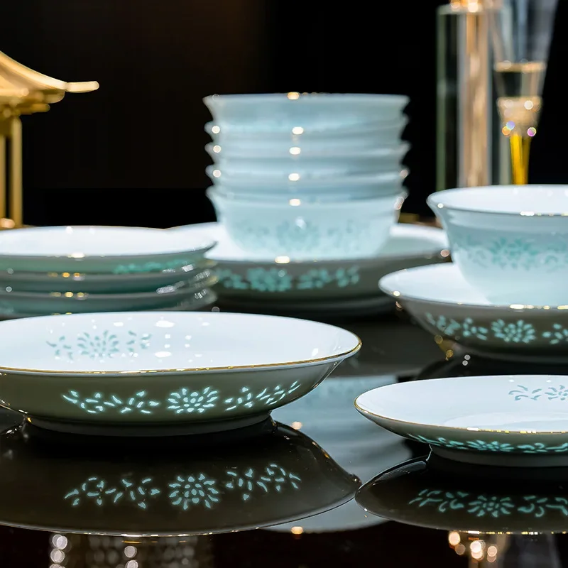 high white porcelain celadon glaze exquisite tableware suit bowl, plate and dish combination complete set