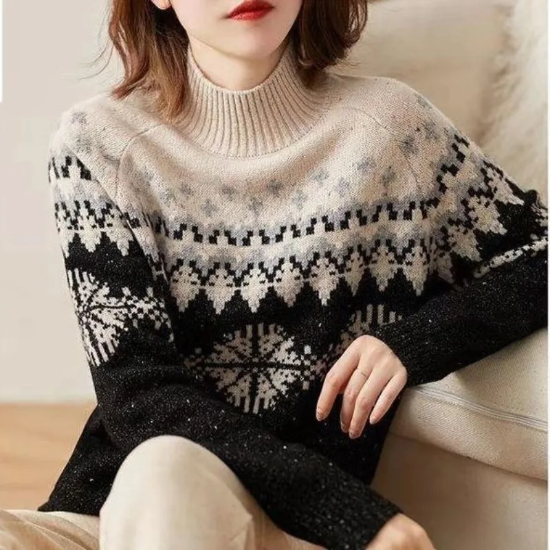 Autumn and Winter New Women\'s Half High Collar Fashion Casual Print Stripe Long Sleeve Knitted Retro Loose Sweater Pullover Tops