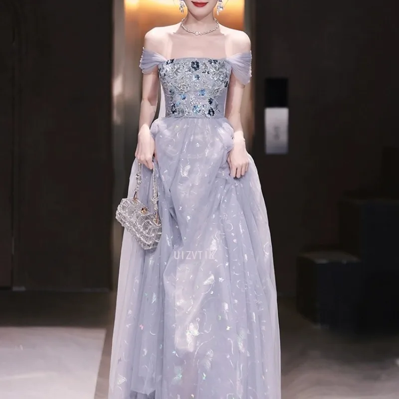 Licht Luxus Lange Abend Party Kleider Frauen Soiree Robe Sexy Off-Schulter Glitter Tüll Abendkleider Prom Kleider Angepasst