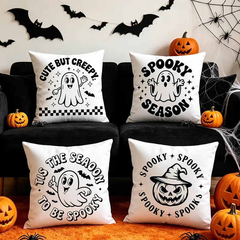 Cross-border Halloween pillow cover, letter ghost pumpkin print cushion, sofa decoration backrest atmosphere decoration