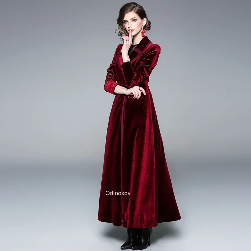 Burgundy Long Skirt  rench Coats and Jackets Women Winter Clothes  Sobretudo Feminino