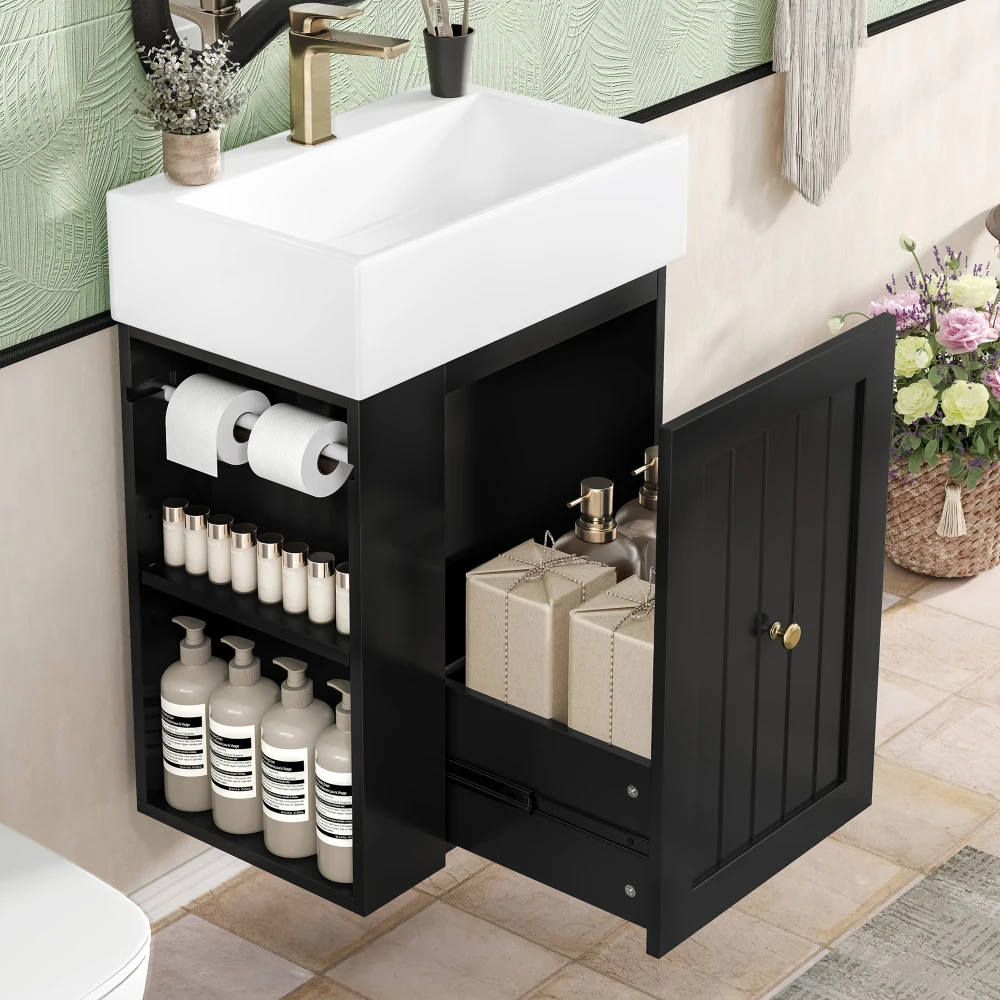 20-Inch Bathroom Vanity:Ceramic Sink,MDF Cabinet(Drawer, Side Shelf, Gold Handle)–Compact