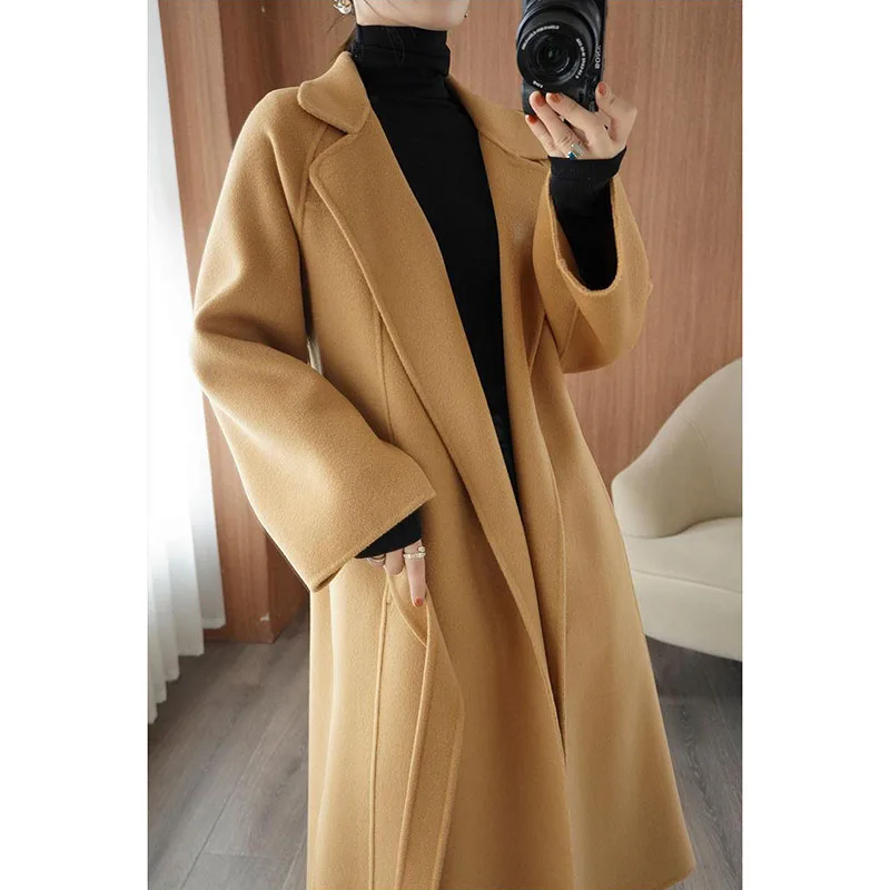 Autumn Winter Women Woollen Trench Coat Fashion Open Stitch Outerwear for Office Lady Solid Turn-down Collar Long Coats