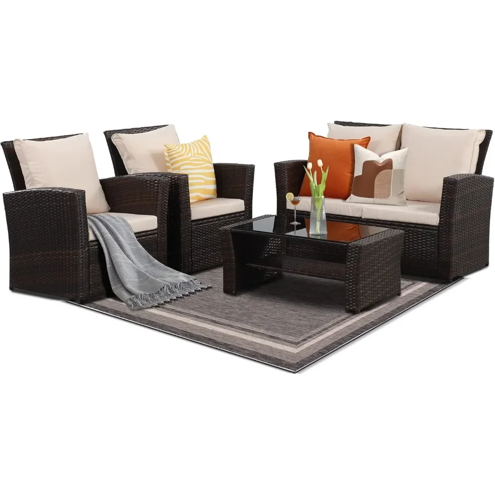 4-piece Set of Outdoor Courtyard Furniture, Courtyard Conversation Sofa with Seat Cushion, Hand Woven Rattan Sofa