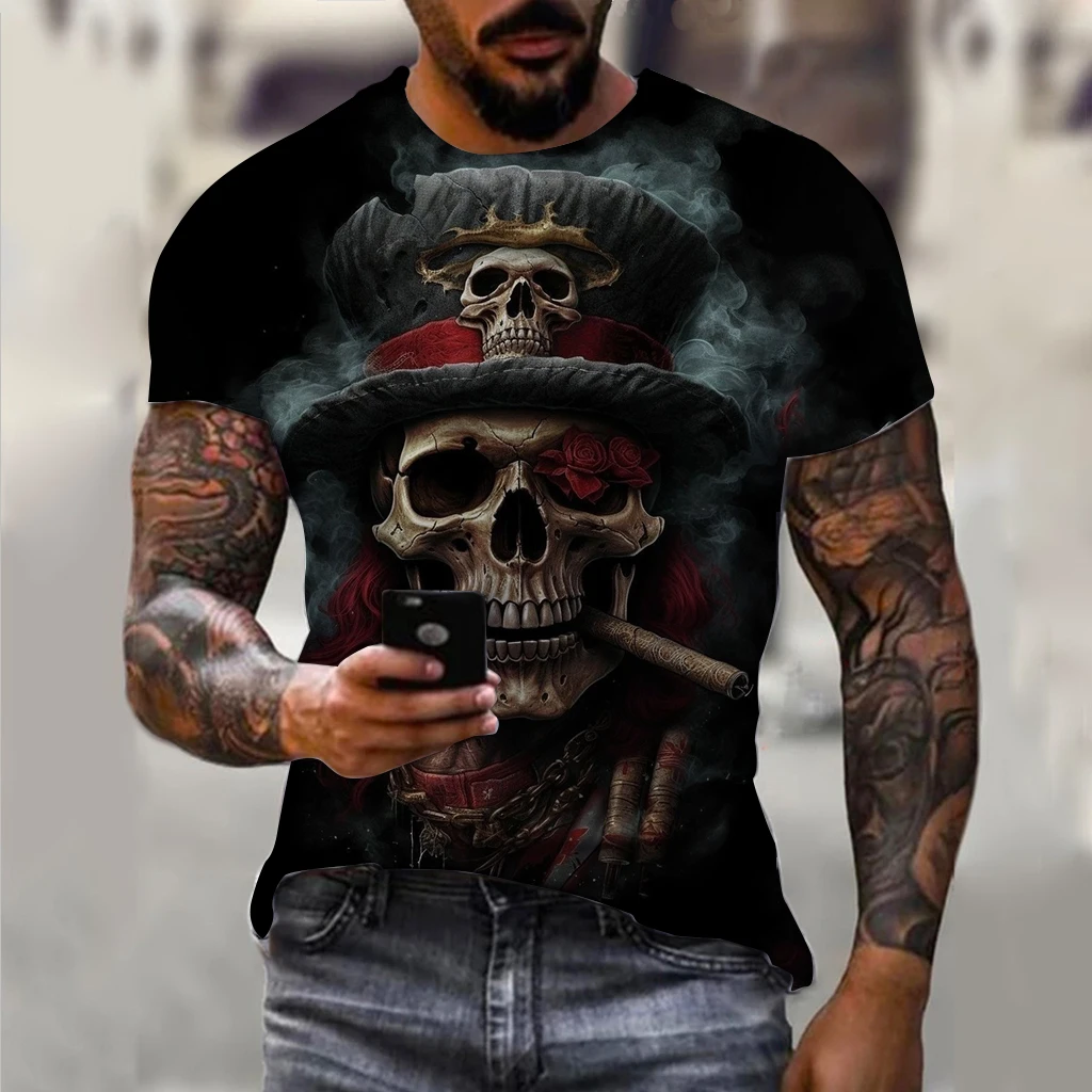 Vintage T Shirts For Men Horror Undead Skull Pattern 3D Printed Short Sleeve Oversized T-shirt Fashion Casual Men\'s Clothing Top