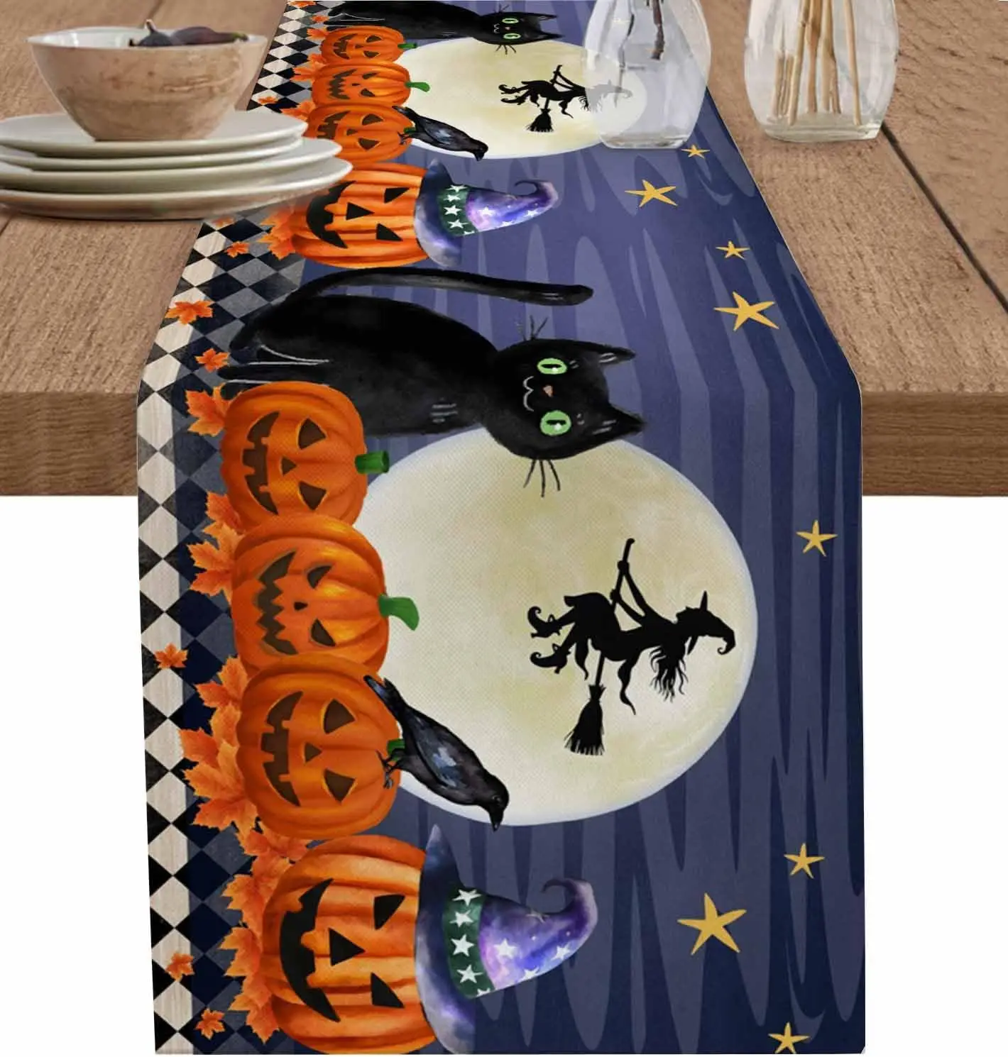 Halloween Black Cat Pumpkin Table Runner Home Decor Halloween Witch Moon Star Kitchen Dining Table Runners Holiday Party Decor